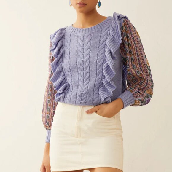 Bohera Sweaters - NWT Periwinkle Ruffle Cable knit Contrast Sleeve Sweater
